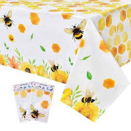 WERNNSAI Bee Tablecloth - 2 Pack 108'' X 54'' Bee Birthday Party Decorations Happybee Day Tablecloths Disposable Plastic Table Cover Yellow Sunflow Party Decoration for Kids Girls