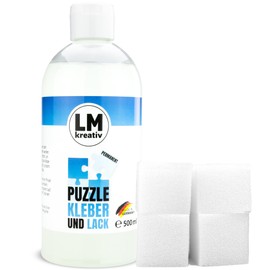 LM Puzzle Glue/Preserver & Varnish 500 ml + 4 Sponges - Transparent - for Gluing Large & Small Puzzles. The Fixer can be applied with a sponge or brush