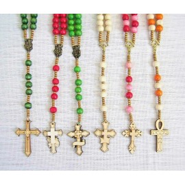 6 Pcs Set Multi-Color Round Wood Beads Rosary Necklace with Woodcut Cross NEW