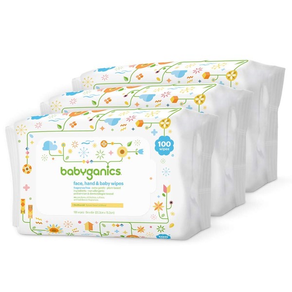 Babyganics Baby Wipes, Unscented, 100 ct, 3 Pack, Packaging May Vary
