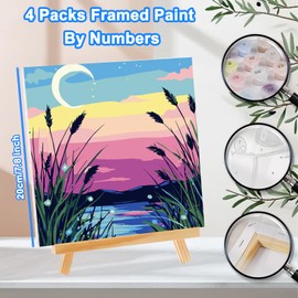 HEIBAGO Framed Paint by Numbers for Audlts Beginners, 4 Pack Reeds Paint by Numbers Canvas, Audlt DIY River Oil Paint by Numbers Kits, Landscape Painting Art Craft for Birthday Gifts, 8×8 inch