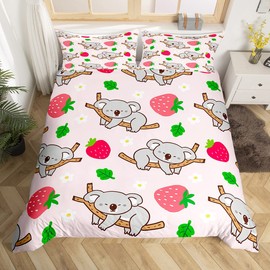 Feelyou Kids Cute Koala Comforter Cover Girls Pink Decor Strawberry Bedding Set Toddler Cartoon Animal Duvet Cover Nursery Kawaii Fruits Flowers Green Leaves Bedspread Cover Queen Size (No Comforter)