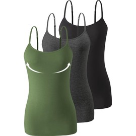 Accbiety 3 Pack Womens Camisole with Built in Bra Adjustable Strap Tank Tops for Women Cami Shelf Bra Cotton Undershirt Tanks Black Darkgray ArmyGreen L