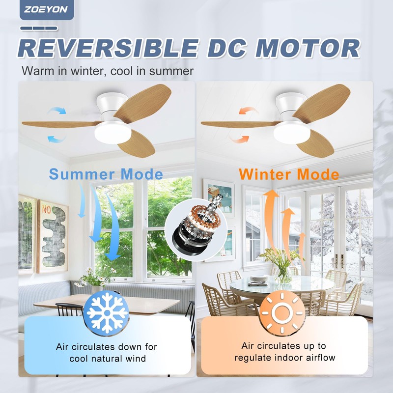 ZOEYON Small White&Wood Ceiling Fan with Light - 35 Inch