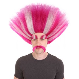HPO King Troll Wig with Eyebrows and Mustache | Pink with White Stripes Wigs for Teen Sizes | Halloween Troll Cosplay and Themed Party Wig
