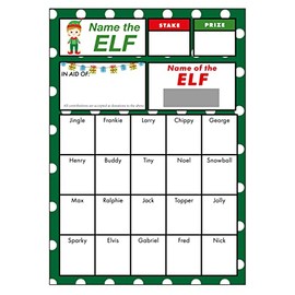 Christmas Name the Elf Fundraising Scratch Cards (10 Pack) 20 Squares Xmas
