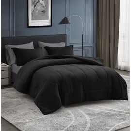 Maple&Stone Twin Comforter Set 5 Pieces Bed in a Bag - Down Alternative Bed Set with Sheets, Pillowcase & Sham, Soft Reversible Duvet Insert for Twin Bed, Black