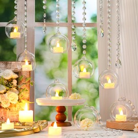 GlikCeil 56 Pcs 3.15'' Hanging Glass Tealight Holder Globe with K9 Crystal Garland Strands,Teardrop Pendant Hanging Tealight Candle Holder Orbs Air Plant for Wedding Centerpiece Party Decor (Clear)