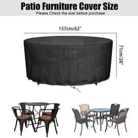 Falflor Round Patio Table Cover 600D Oxford Outdoor Furniture Covers Waterproof Round Table Cover Windproof Anti-UV Garden Round Table and Chair Covers 62''D x 28''H