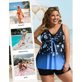 Hanna Nikole Womens Cute Swimming Suits Twist Front Bandeau Tankini Set with Solid Color Shorts Blue Ditsy Print 26 Plus