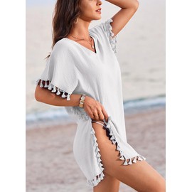 AI'MAGE Women's Beach Poncho Summer Bikini Cover Up Beach Dress with Tassels V-Neck S-3XL, White