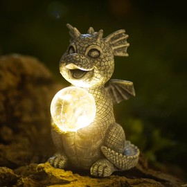 Yeemoo Dragon Figures, Garden Decoration for Outdoors, Funny Dragons Decorative Garden with Solar Ball, Gifts for Men, Women, Girlfriend, Mum, Birthday, Waterproof Fairy Garden for Balcony, Grey