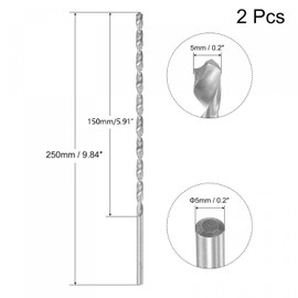 TA-VIGOR 2Pcs 5mm Extra Long Twist Drill Bits, 250mm Length High-Speed Steel HSS Straight Shank Spiral Drill Bits for Wood Metal Aluminum Plastic