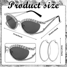 XEPST 3 Piece 70s Women Disco Accessories Disco Costume Set with Sparkling Cat Eye Sunglasses, Hoop Earrings & Rhinestone Tie Necklace, Glamorous Bling Costume Accessories for Women