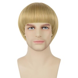 Yargel Hair Blonde Bowl Cut Wigs For Men And Women 60s Retro Blonde Mushroom Wig With Bangs Unisex Short Straight Anime Funny Wig for Halloween Costume Cosplay Party Use