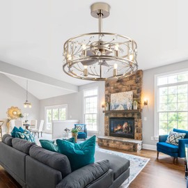 Morpholife Crystal Ceiling Fan with Light Remote Control, 20 Inch Farmhouse Low Profile Caged Chandelier, Modern Enclosed Small Ceiling Fans for Living Room/Bedroom,Brushed Nickel