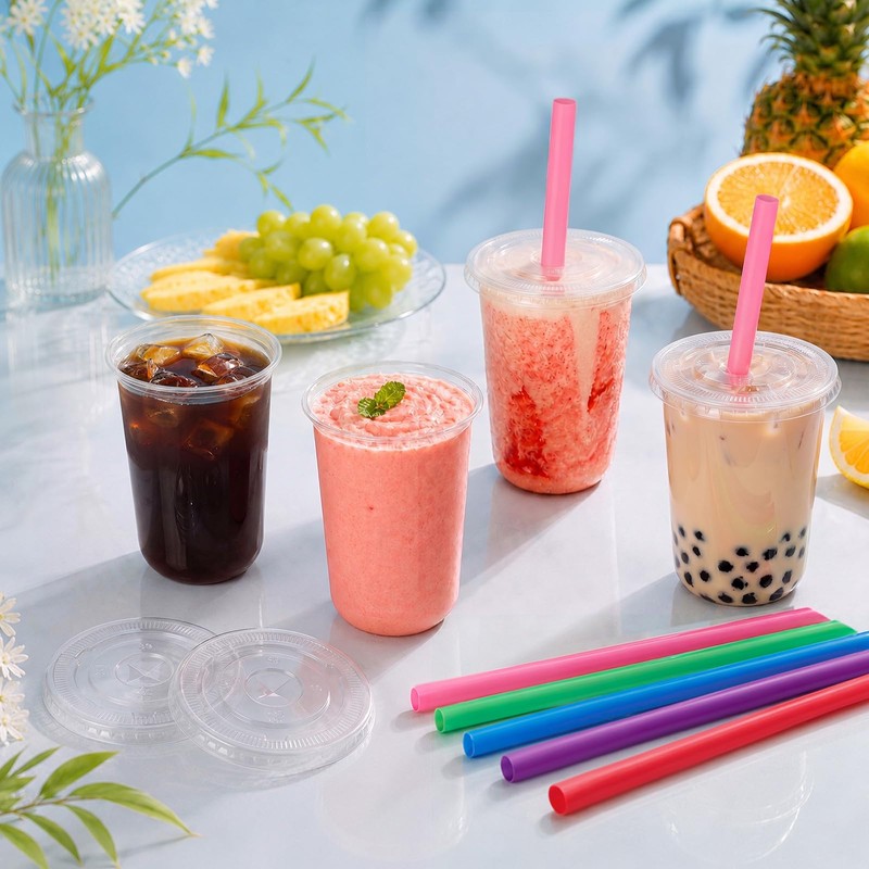 100 Sets 16oz Clear Plastic Cups with Lids & Colorful