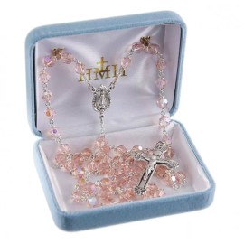 HMH Religious Tin Cut Czech Rose Aurora Crystal Rosary, Sterling Center/Crucifi