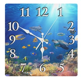 Britimes Wall Clock, Square Silent Non-Ticking Battery Operated Clock 12 Inch, Underwater Coral Reef Tropical Fish Home Decor for Living Room, Bathroom, Bedroom, Kitchen, Office and School