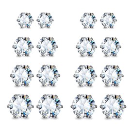 JewelrieShop Stud Earrings Surgical Steel Earrings for Sensitive Ears Hypoallergenic Cubic Zirconia Stud Earrings Pack for Women (8 Pairs, White CZ, Silver Post, 4-8mm, 6 Prong)