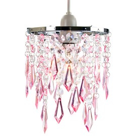 Modern Waterfall Design Easy Fit Pendant Shade with Clear/Pink Acrylic Droplets and Beads - Chrome Metal Rings - 16cm Diameter by Happy Homewares