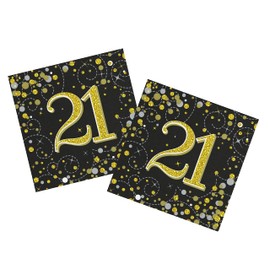 Party Angels 2 Packs (32 Napkins) of 21st Birthday Black Gold Unisex Holographic Sparkling Fizz Design Napkins Serviettes Tissue, 33cm x 33cm 3-ply Age 21 Male Female Napkins 16pcs in Each Pack