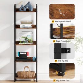 Hosfais 5 Tier Narrow Bookshelf: Tall Bookcase with Edge Protection, Industrial Modern Bookshelves for Bedroom Living Room Home Office (Rustic Brown)