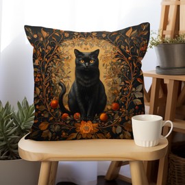 YOU FOUND ME William Morris Abstract Vintage Black Cat Design Throw Pillow Cover Home Decor, Art Deco Pillowcase Cushion Cover for Bed Sofa Living Room, Indoor and Outdoor 18x18inch (Black Cat2)