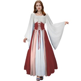 Abaowedding Women's Renaissance Medieval Costumes Dress Trumpet Sleeves Gothic Retro Gown Burgundy Small