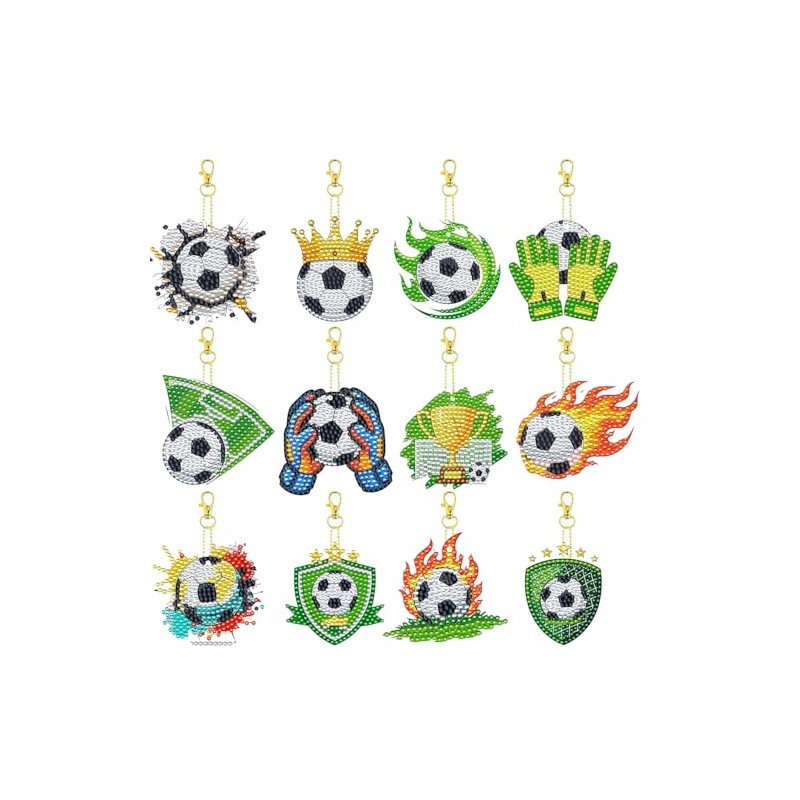 12 Pcs Soccer Diamond Art Keychains Kit for Decor and