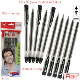 FLAIR Hydra 10 x 0.5mm Tip BLACK Gel Pens Easy Grip Smooth Writing Office School
