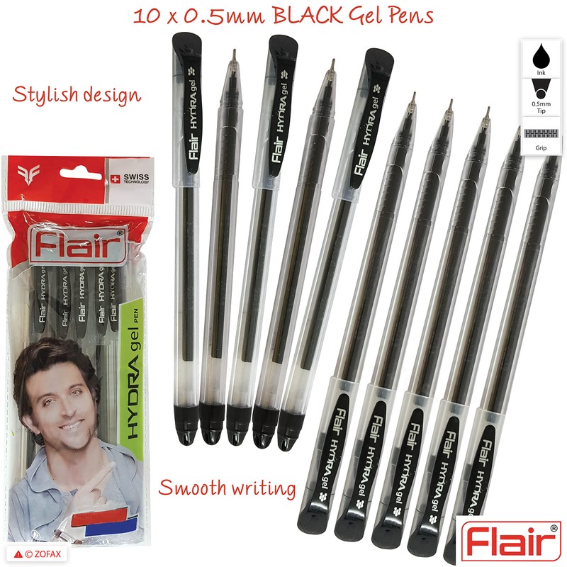 FLAIR Hydra 10 x 0.5mm Tip BLACK Gel Pens Easy