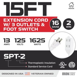 Iron Forge Cable 15 ft 3 Outlet White Extension Cord with Foot Switch - 16/2 SJTW 2 Prong Indoor Extension Cord with Multiple Outlets