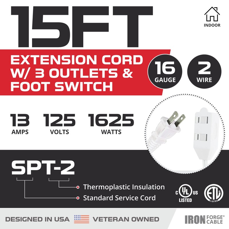Iron Forge Cable 15 ft 3 Outlet White Extension Cord