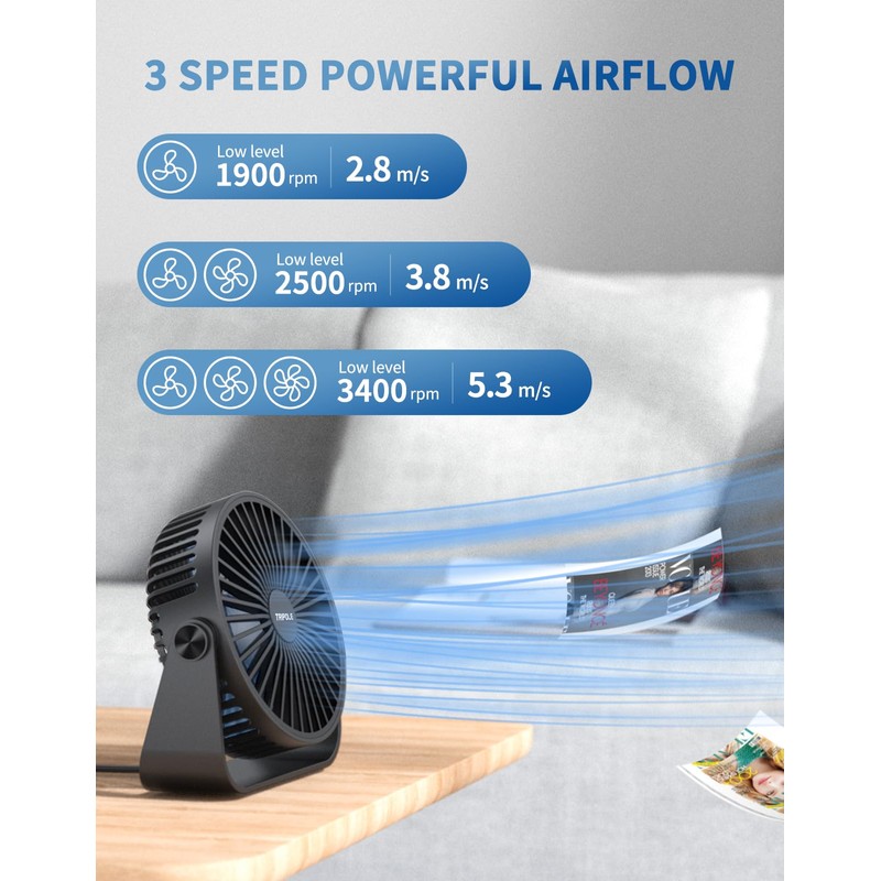 TriPole USB Desk Fan 4.5 Inches Portable Mini Fan Powerful