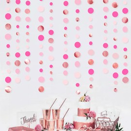46Ft Hot Pink Rose Gold Circle Dots Garland Party Decorations Metallic Rose Gold Pink Hanging Paper Polka Dots Streamer for Girls Birthday Wedding Bridal Baby Shower Bachelorette Anniversary Decor