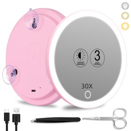30x Lighted Magnifying Mirror with Suction Cups, Large 6'' Magnified Mirror with Light High Magnification Travel Makeup Mirror, Rechargeable Battery, 3 Colors Dimming Light, with Tweezers &Scissors