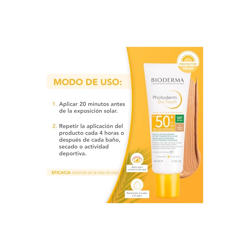 Bioderma, Protector Solar en Gel, Photoderm Dry Touch Tono Dorado,