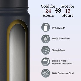 mininoo Insulated Stainless Steel Water Bottle with Straw and Lid for Sports, 24 oz, Black