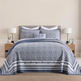 CozyStitch Floral Bedspread 102"x120" Oversized Queen Bedspread, 100% Cotton Oversized Queen Quilt with 2 Pillow Shams, Lightweight Botanical Quilted Bedspreads Coverlet Sets, Blue/White, 3 Pcs