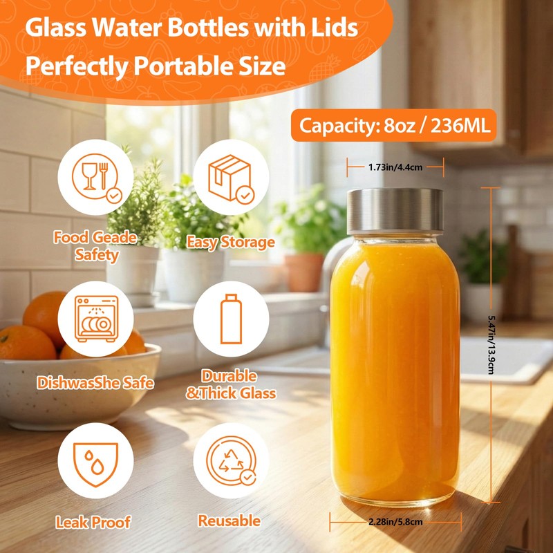 Luxfuel 8 oz Glass Juice Bottles 4 Pack with Lid,