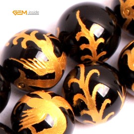 GEM-inside Natural 14mm Black Agate Beads Carved Golden Phoenix Unisex Pattern Buddha Mala Beaded Gemstone Gem Round Loose Beads For Jewellry Making Strand 15 Inches (GM15642) by GEM-inside