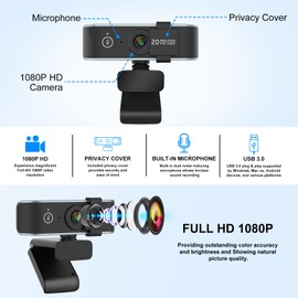 Paobas C6350 1080P Webcam with Microphone and Privacy Cover - 90° View USB Computer Camera for Calls, Conferences, Zoom, Skype, YouTube - Plug & Play for Laptop and Desktop