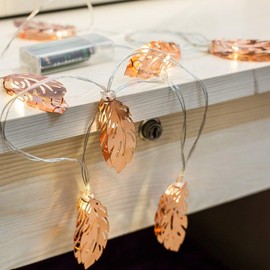 Rose Gold Feather Copper Metal Lantern LED String Lights Battery Powered – 9.8Ft 20 LED Fairy Lights for Bedroom,Wedding Decorations (Rosa Gold Feather Metal Lights, 9.8ft/20 Lights)