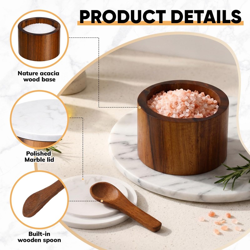 Singhoow 2 Pcs Acacia Wood Salt Cellar with Marble Lid