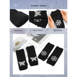 Formery Snowflake Knitted Wrist Warmers Black Shiny Crystals Winter Short Fingerless Gloves Butterfly Thumb Hole Stretchy Knit Glove Typing Party Nightclub for Women and Girls (Pack of 2)