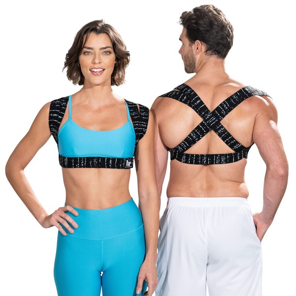 BackEmbrace Posture Corrector for Women & Men - Made in USA - Slim & Adjustable Shoulder Brace - Back Brace for Back Pain Relief - Black Drizzle XS/S