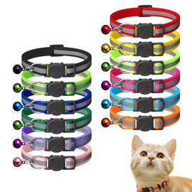 Cat Collar with Night Reflector, Safety Buckle, Safety Bell, Reflective, Ultra Lightweight, Adjustable, Cute, Safe, for Small Animals, For Cats (12-Color Set)