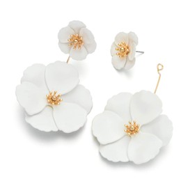 White Flower Stud Earrings for Women Dangling - Metals Matte Painted Dual Poppy Flower Floral Petal Tiered Drop for Women