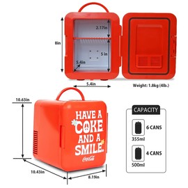 Coca Cola Mini Fridge for Bedroom Skincare Office Small Refrigerator 4L Mini Refrigerator Dorm Fridge Fridge Portable Cooler Warmer Snacks Drinks 12V AC Travel Desk Accessory Red